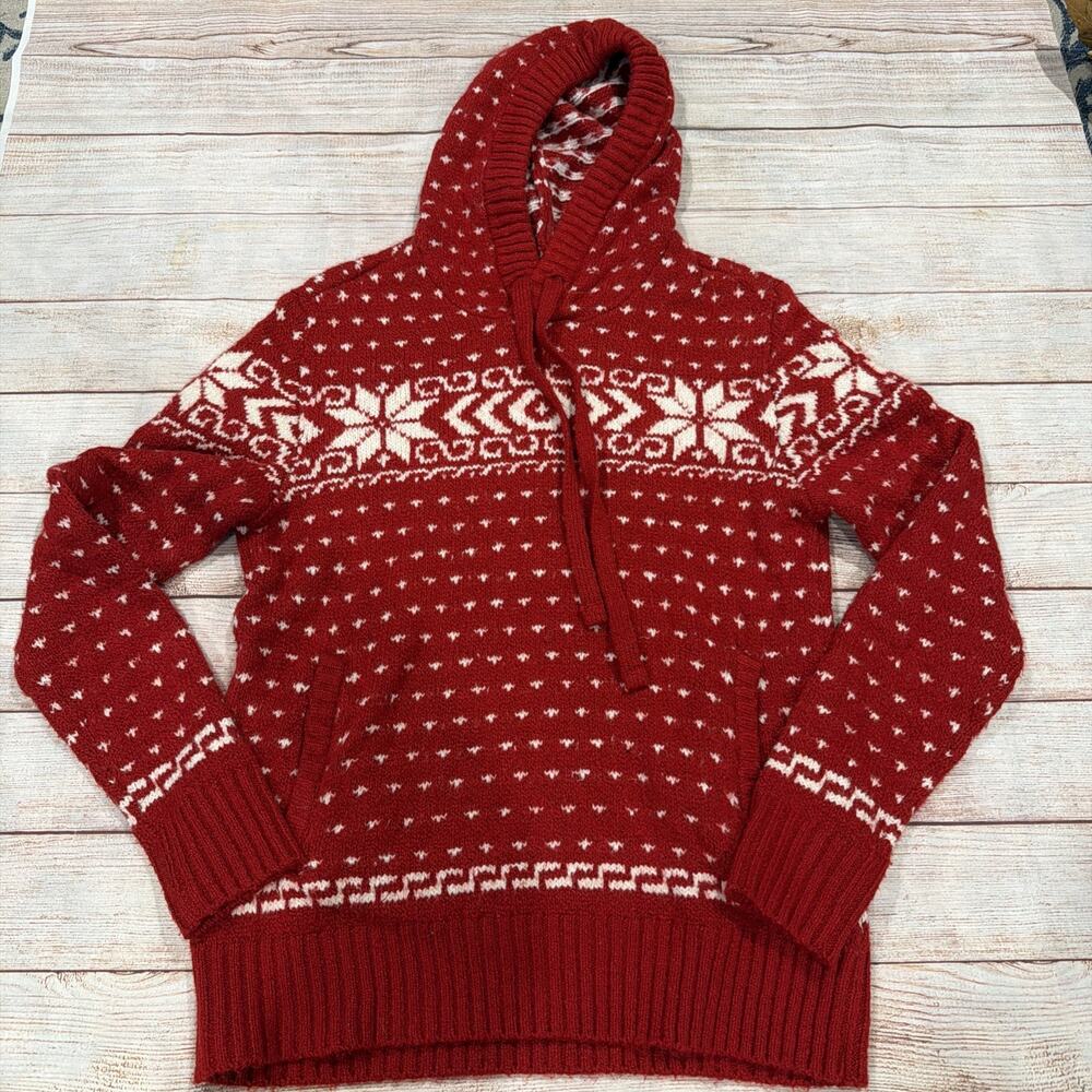 American Eagle Sweater Women’s Small Nordic Fair Isle Snowflake Knit Red Hoodie
